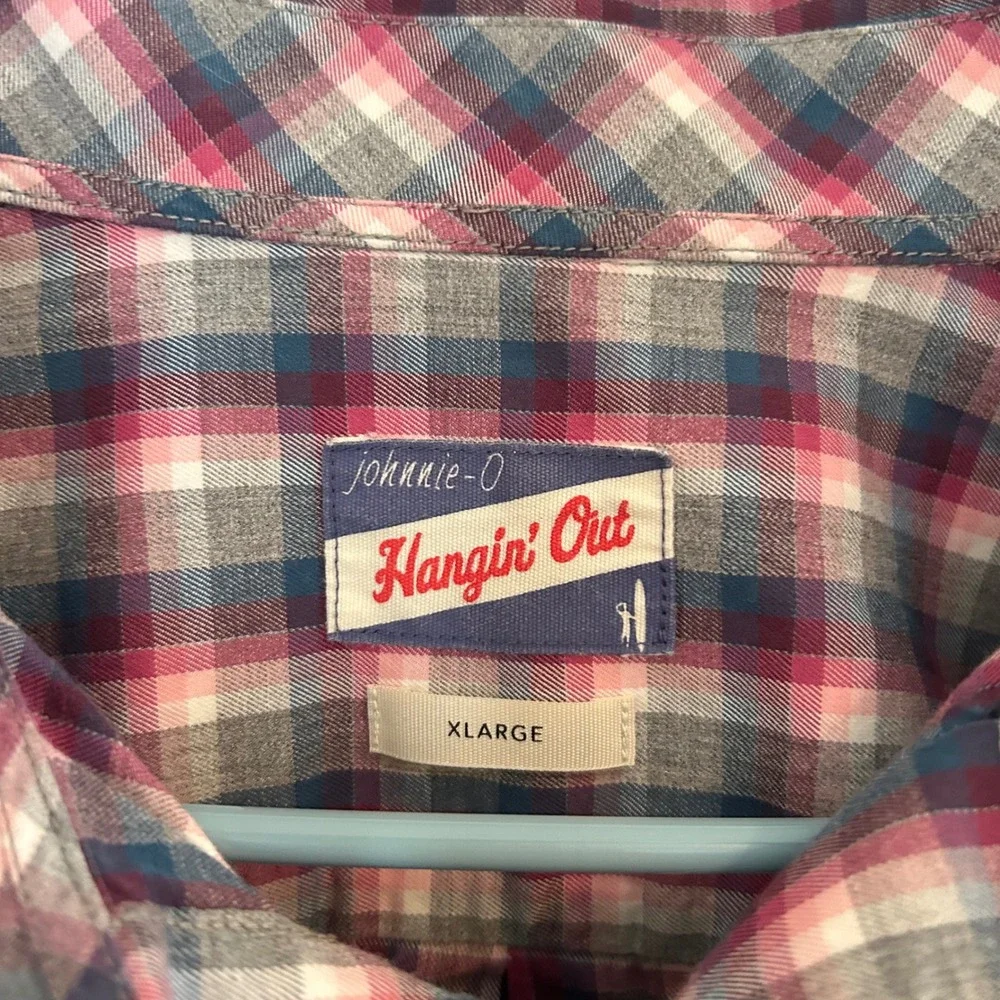 Johnnie-O Hangin Out Button Down Mens XL Dolly Pink Blue Plaid JMWL 5530 Shirt